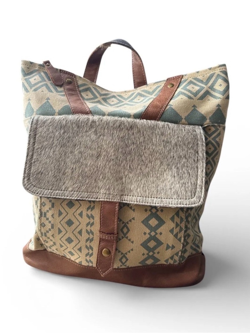 Canvas Aztec Print Backpack with Faux Fur Flap Le Miel - Blue, Tan, Grey